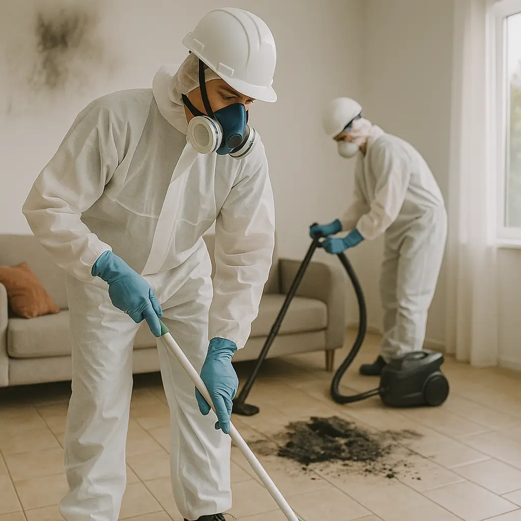 Saneringspersonal som utför städning efter brand